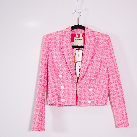 L'AGENCE Jackets & Blazers - NEW L'Agence Inez Cropped Open Front Tweed Boucle Jacket Bblazer Hot Pink 2